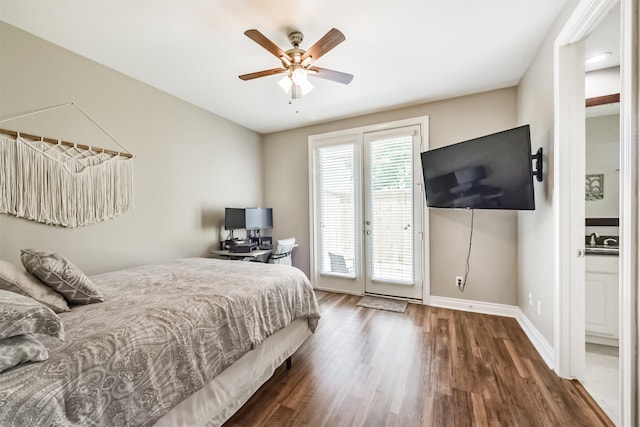 8806 Lakeshore Bend Dr, Houston, TX 77080 - bedroom featuring access to outside, wood finished floors, and a ceiling fan