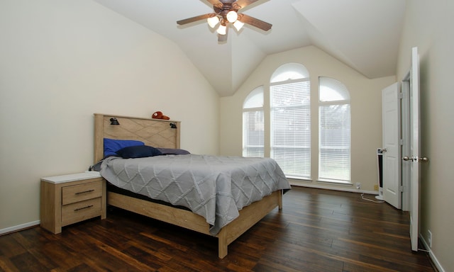 2726 Redwick Dr, Spring, TX 77388 - bedroom featuring dark wood-style floors, vaulted ceiling, baseboards, and a ceiling fan