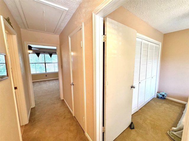 3823 Knollcrest Dr, Montgomery, TX 77356 - corridor featuring attic access, light colored carpet, a textured ceiling, and baseboards
