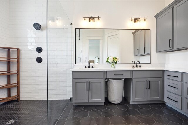 1402 Missouri Unit B, Houston, TX 77006 - full bathroom with tile patterned flooring, walk in shower, and double vanity