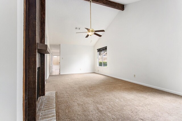 11625 Lakeside Park Dr, Houston, TX 77077 - unfurnished living room featuring a ceiling fan, carpet, high vaulted ceiling, and beam ceiling