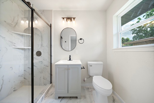 5607 Flamingo Dr, Houston, TX 77033 - full bath with marble finish flooring, a marble finish shower, vanity, toilet, and baseboards