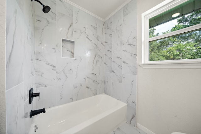 5607 Flamingo Dr, Houston, TX 77033 - bathroom featuring crown molding, shower / bath combination, marble finish floors, and baseboards