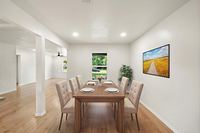 5607 Flamingo Dr, Houston, TX 77033 - dining area featuring light wood-type flooring, baseboards, recessed lighting, and ceiling fan