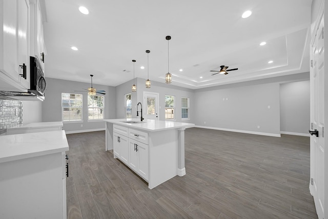 2506 Myrtle St, Waller, TX 77484 - kitchen featuring ceiling fan, a sink, baseboards, a raised ceiling, and recessed lighting