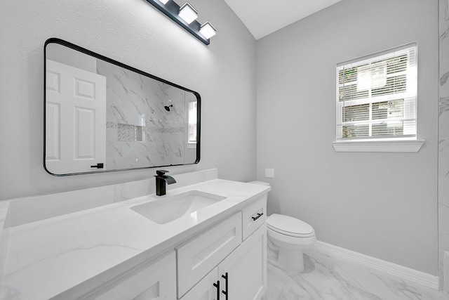 2506 Myrtle St, Waller, TX 77484 - bathroom with vanity, a marble finish shower, toilet, and marble finish floors