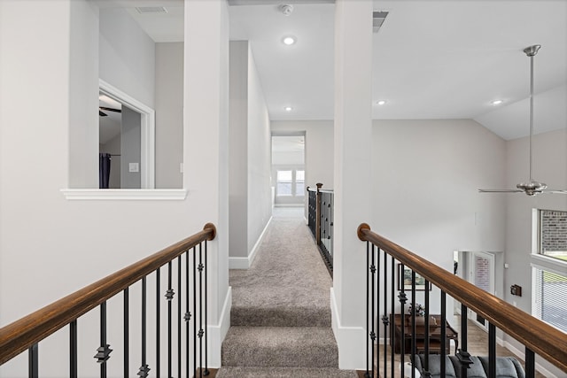 13630 E Palomino Lake Cir, Cypress, TX 77429 - hallway featuring an upstairs landing, carpet, baseboards, recessed lighting, and lofted ceiling