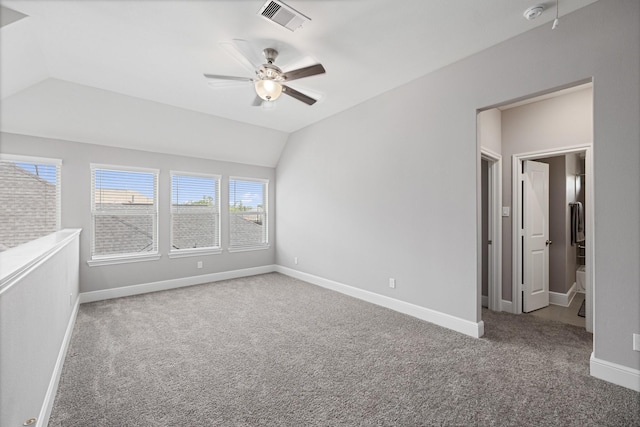 13630 E Palomino Lake Cir, Cypress, TX 77429 - unfurnished bedroom featuring carpet floors, vaulted ceiling, baseboards, and a ceiling fan