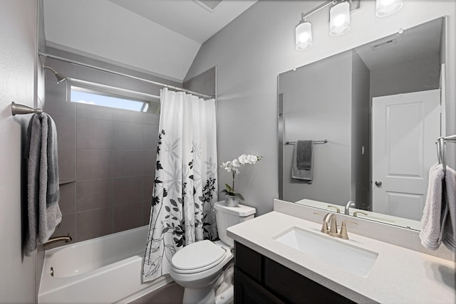 13630 E Palomino Lake Cir, Cypress, TX 77429 - bathroom with shower / bathtub combination with curtain, vanity, toilet, and vaulted ceiling