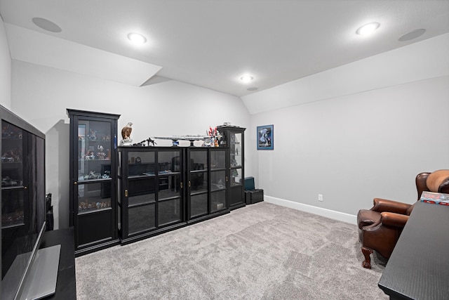 13630 E Palomino Lake Cir, Cypress, TX 77429 - living area featuring carpet, lofted ceiling, baseboards, and recessed lighting