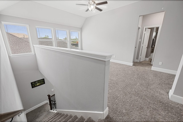 13630 E Palomino Lake Cir, Cypress, TX 77429 - stairway featuring ceiling fan, carpet flooring, vaulted ceiling, and baseboards