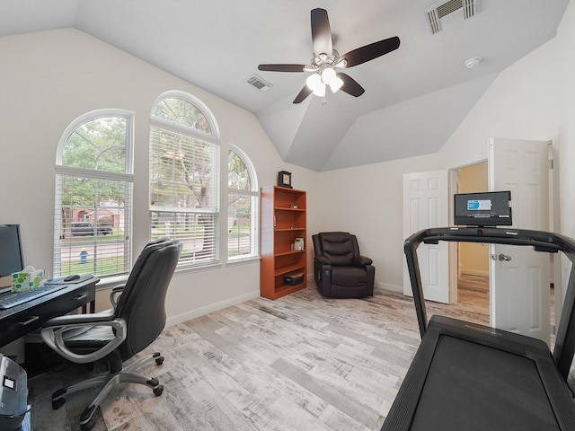 24602 Windemere Park Ct, Katy, TX 77494 - office with lofted ceiling, a ceiling fan, light wood-type flooring, and baseboards