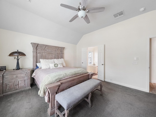 24602 Windemere Park Ct, Katy, TX 77494 - bedroom with carpet flooring, lofted ceiling, baseboards, ceiling fan, and connected bathroom