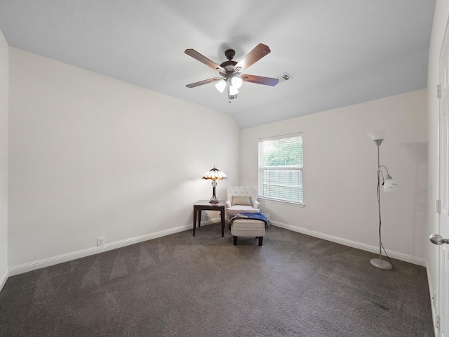 24602 Windemere Park Ct, Katy, TX 77494 - sitting room with ceiling fan, dark carpet, baseboards, and lofted ceiling