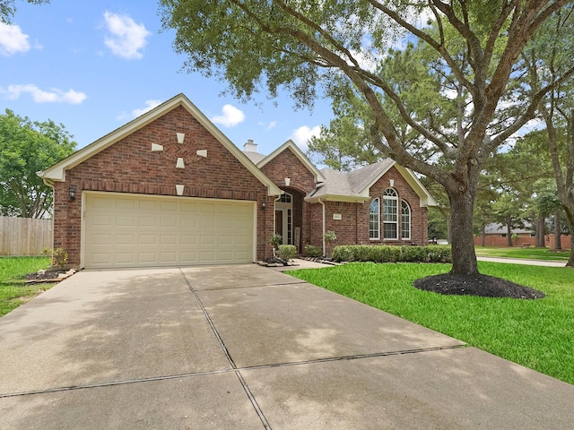 24602 Windemere Park Ct, Katy, TX 77494 - view of front of home with driveway, brick siding, a garage, and a chimney