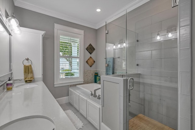 9 Broad St, Galveston, TX 77554 - full bath featuring double vanity, a stall shower, a bath, ornamental molding, and recessed lighting