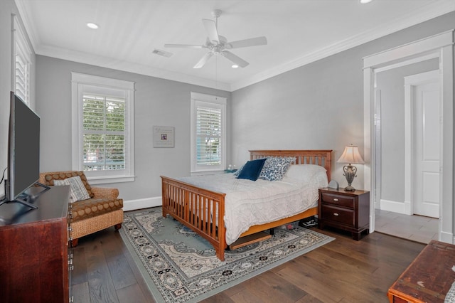 9 Broad St, Galveston, TX 77554 - bedroom with dark wood-type flooring, recessed lighting, baseboards, ornamental molding, and ceiling fan