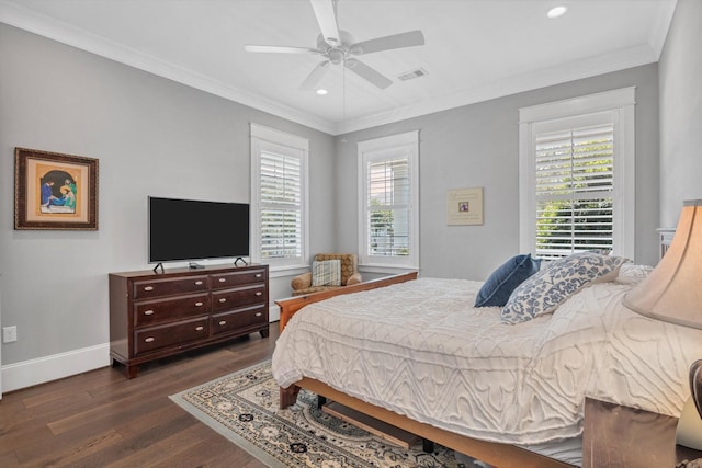 9 Broad St, Galveston, TX 77554 - bedroom with recessed lighting, dark wood finished floors, ornamental molding, baseboards, and a ceiling fan