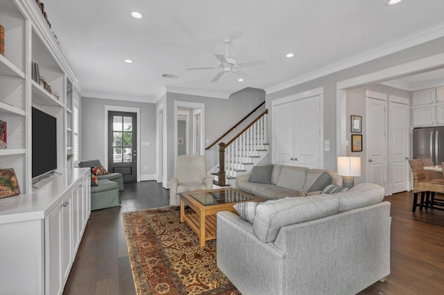 9 Broad St, Galveston, TX 77554 - living room with stairs, dark wood-type flooring, ceiling fan, recessed lighting, and ornamental molding
