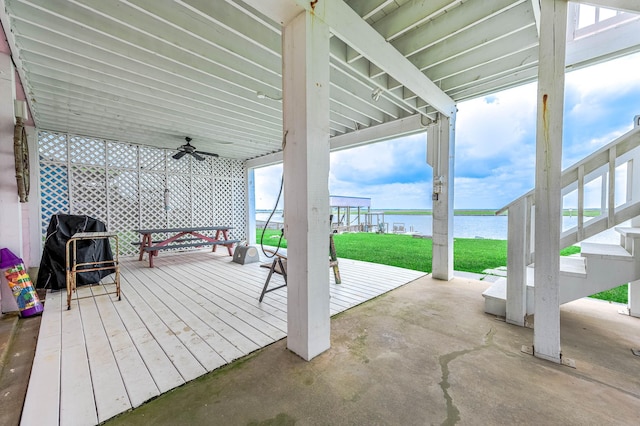 1197 County Road 230, Sargent, TX 77414 - view of patio with ceiling fan, a deck with water view, and grilling area