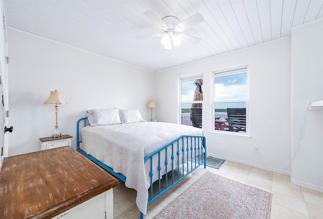 1197 County Road 230, Sargent, TX 77414 - bedroom with light tile patterned flooring, wooden ceiling, baseboards, ceiling fan, and ornamental molding