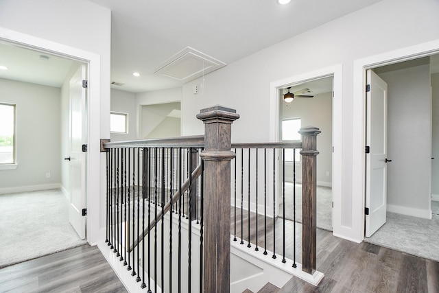 3337 Shelby Cir, Houston, TX 77051 - hallway with attic access, an upstairs landing, healthy amount of natural light, wood finished floors, and recessed lighting