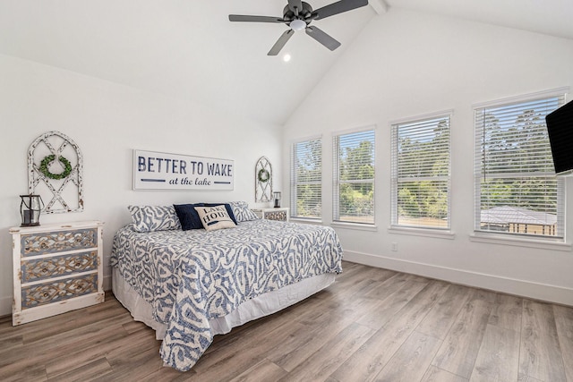 111 Seagull Path, Point Blank, TX 77364 - bedroom featuring high vaulted ceiling, wood finished floors, recessed lighting, beam ceiling, and a ceiling fan