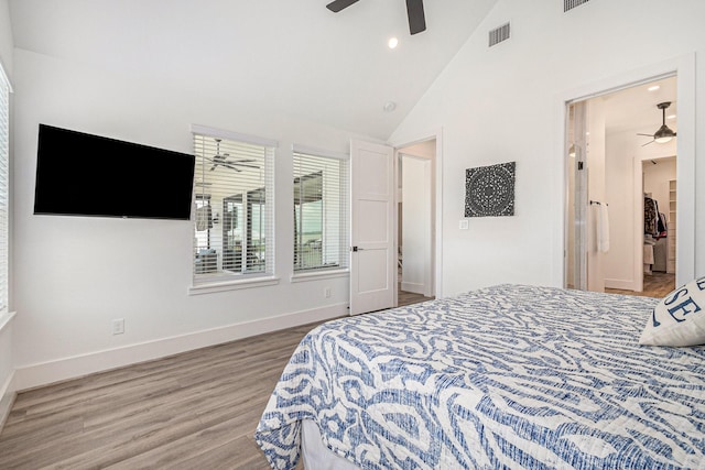 111 Seagull Path, Point Blank, TX 77364 - bedroom with wood finished floors, high vaulted ceiling, recessed lighting, and a ceiling fan