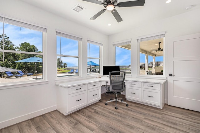 111 Seagull Path, Point Blank, TX 77364 - office area with a ceiling fan, plenty of natural light, light wood-style floors, and recessed lighting