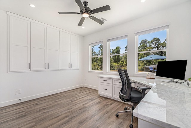 111 Seagull Path, Point Blank, TX 77364 - office space featuring a ceiling fan, light wood-style flooring, and recessed lighting
