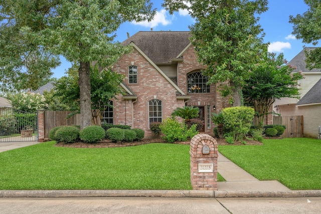 31335 Bearing Star Ln, Tomball, TX 77375 - traditional-style home with brick siding, a gate, and roof with shingles