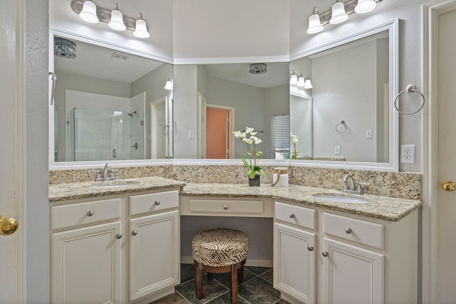 31335 Bearing Star Ln, Tomball, TX 77375 - full bath featuring double vanity, a stall shower, and tile patterned flooring