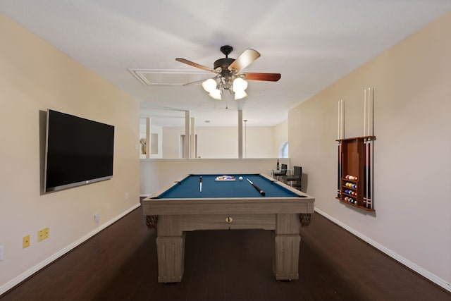 31335 Bearing Star Ln, Tomball, TX 77375 - rec room with ceiling fan, attic access, dark wood-style flooring, and billiards table
