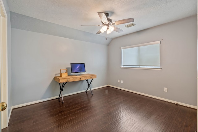 31335 Bearing Star Ln, Tomball, TX 77375 - unfurnished office with ceiling fan, wood finished floors, vaulted ceiling, and a textured ceiling