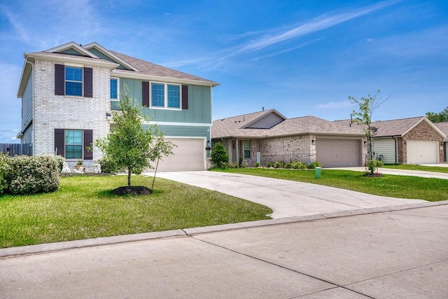 22168 Juniper Crossing Dr, New Caney, TX 77357 - traditional-style home with brick siding, driveway, board and batten siding, and a front yard