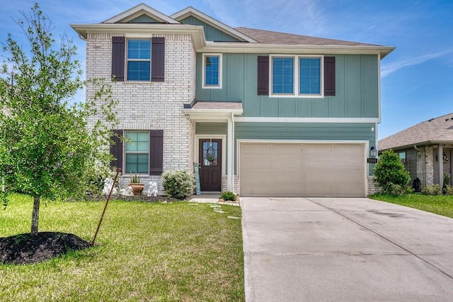 22168 Juniper Crossing Dr, New Caney, TX 77357 - view of front facade featuring board and batten siding, an attached garage, a front yard, concrete driveway, and brick siding
