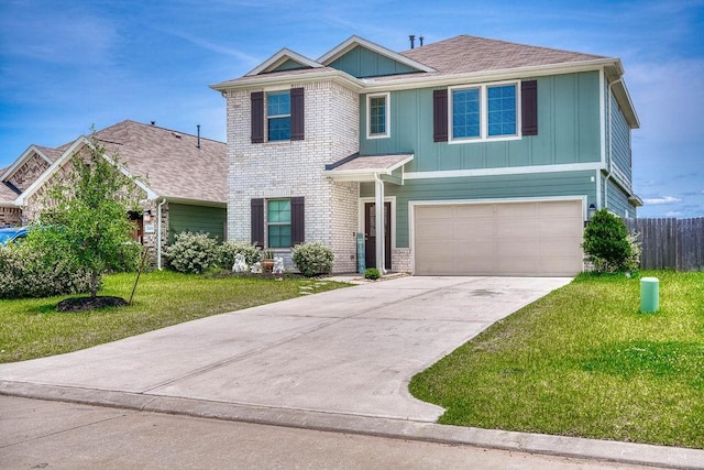 22168 Juniper Crossing Dr, New Caney, TX 77357 - traditional-style house with board and batten siding, a garage, and concrete driveway