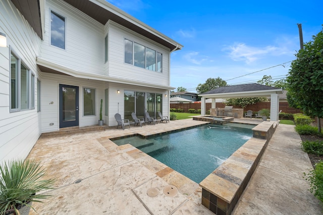 1518 Bayram Dr, Houston, TX 77055 - view of pool with a gazebo, a patio area, a fenced backyard, and a pool with connected hot tub