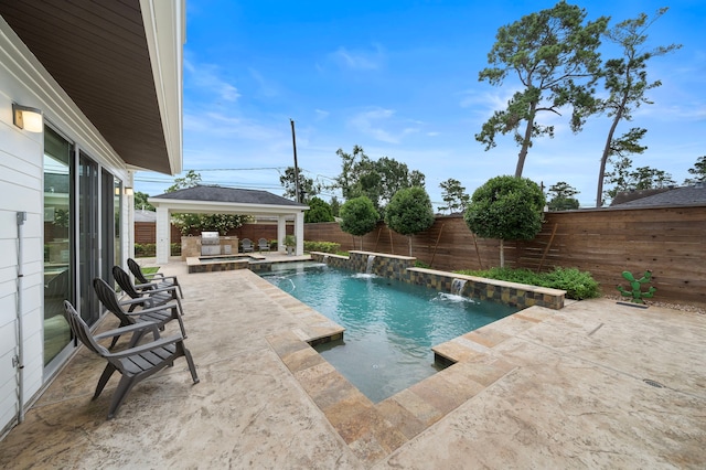 1518 Bayram Dr, Houston, TX 77055 - view of pool with a gazebo, a fenced backyard, a patio area, and a pool with connected hot tub