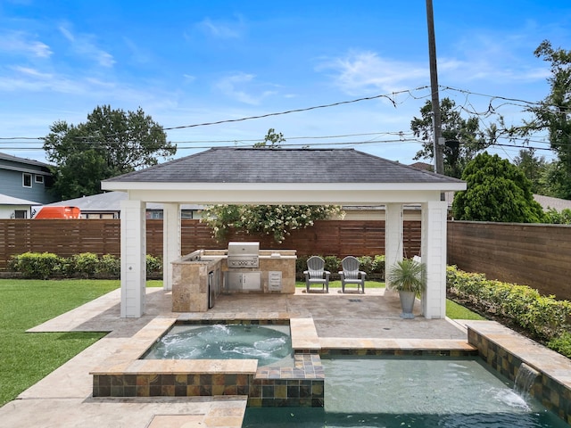 1518 Bayram Dr, Houston, TX 77055 - fenced backyard with a gazebo, an outdoor kitchen, an in-ground hot tub, and a patio