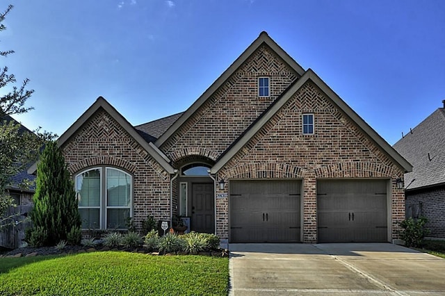 22419 Slate Oaks Ln, Richmond, TX 77469 - french country home with brick siding, concrete driveway, and a garage