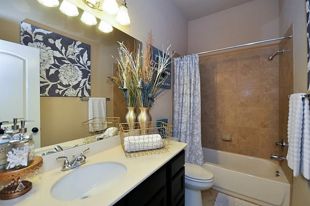 22419 Slate Oaks Ln, Richmond, TX 77469 - full bath featuring vanity, shower / bath combination with curtain, tile patterned flooring, and toilet