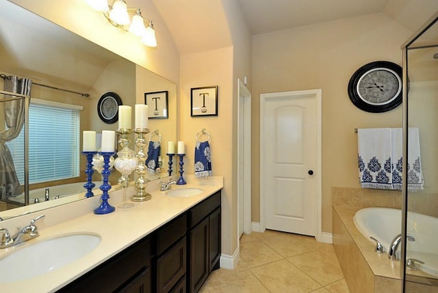 22419 Slate Oaks Ln, Richmond, TX 77469 - full bath featuring a bath, double vanity, tile patterned flooring, lofted ceiling, and a shower