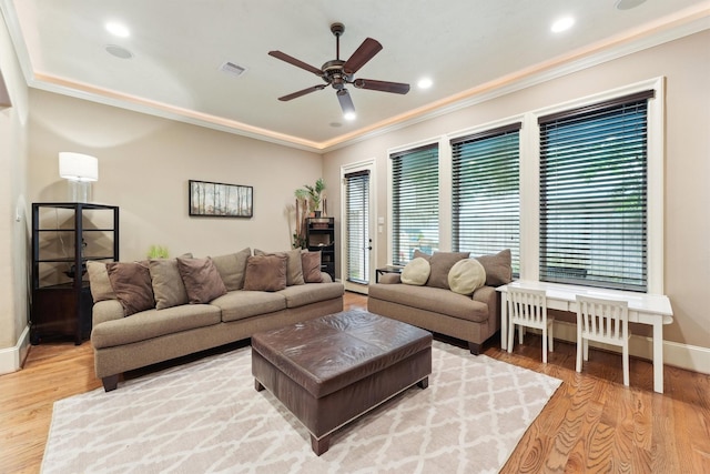 1215 Malone St, Houston, TX 77007 - living room with ornamental molding, ceiling fan, wood finished floors, baseboards, and recessed lighting