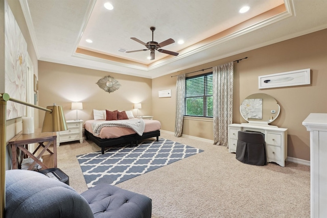 1215 Malone St, Houston, TX 77007 - bedroom featuring a raised ceiling, ornamental molding, carpet floors, baseboards, and recessed lighting