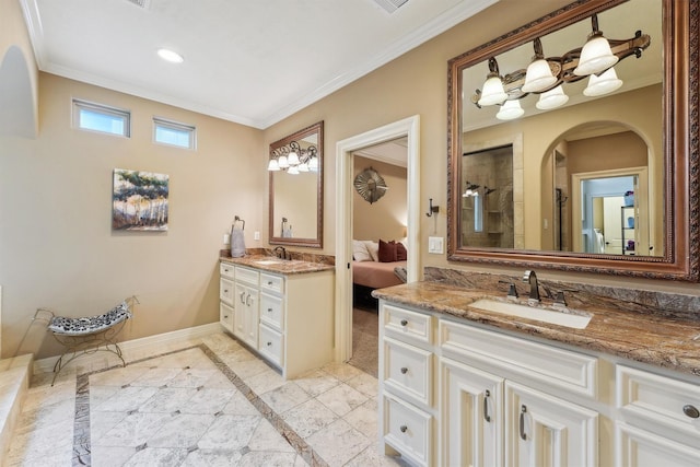1215 Malone St, Houston, TX 77007 - ensuite bathroom featuring two vanities, crown molding, tiled shower, baseboards, and recessed lighting