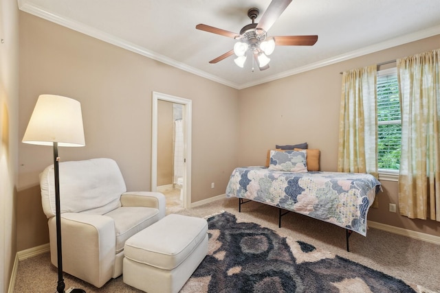 1215 Malone St, Houston, TX 77007 - carpeted bedroom featuring crown molding, baseboards, ensuite bath, and a ceiling fan