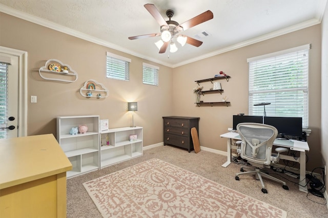 1215 Malone St, Houston, TX 77007 - carpeted office space featuring a ceiling fan, ornamental molding, and baseboards