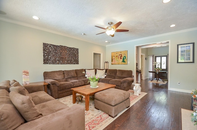 7103 Adobe Meadows Ct, Sugar Land, TX 77479 - living room featuring a ceiling fan, wood-type flooring, recessed lighting, baseboards, and crown molding