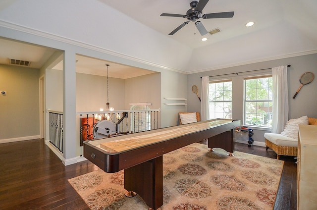 7103 Adobe Meadows Ct, Sugar Land, TX 77479 - game room featuring dark wood finished floors, a chandelier, baseboards, a ceiling fan, and vaulted ceiling